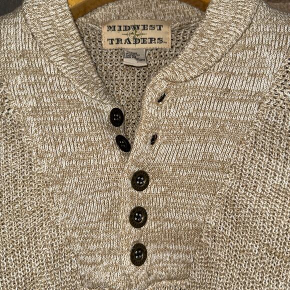 Vintage Midwest Traders Fisherman Oversized Sweater Henley Beige Birdseye Sz M - Picture 2 of 8
